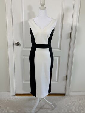 New York & Company Black and White V-Neck Colorblock Sheath Dress